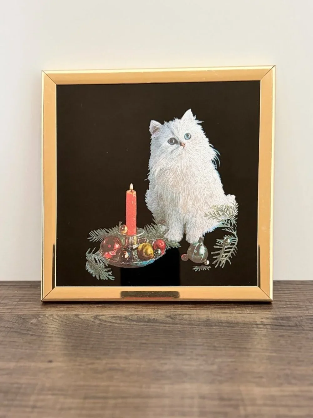 Vintage Kafka Gold Framed‎ Metallic Foil Persian Cat Kitten Christmas Art Print